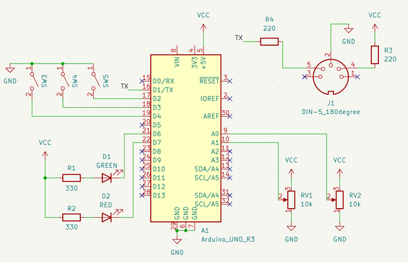 Schematic of MIDI out circuit with simple controls