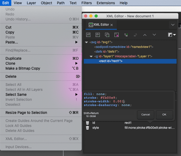 An example of manually editing the SVG in the XML editor