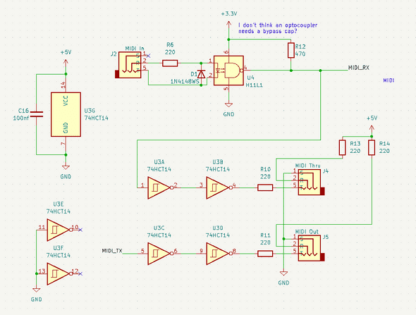 Schematic of the MIDI IO circuits